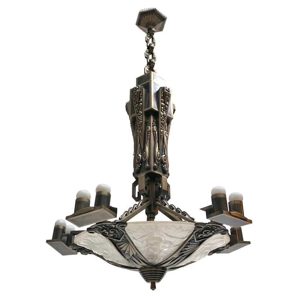 Large Bronze and Art Glass Art Deco Chandelier For Sale