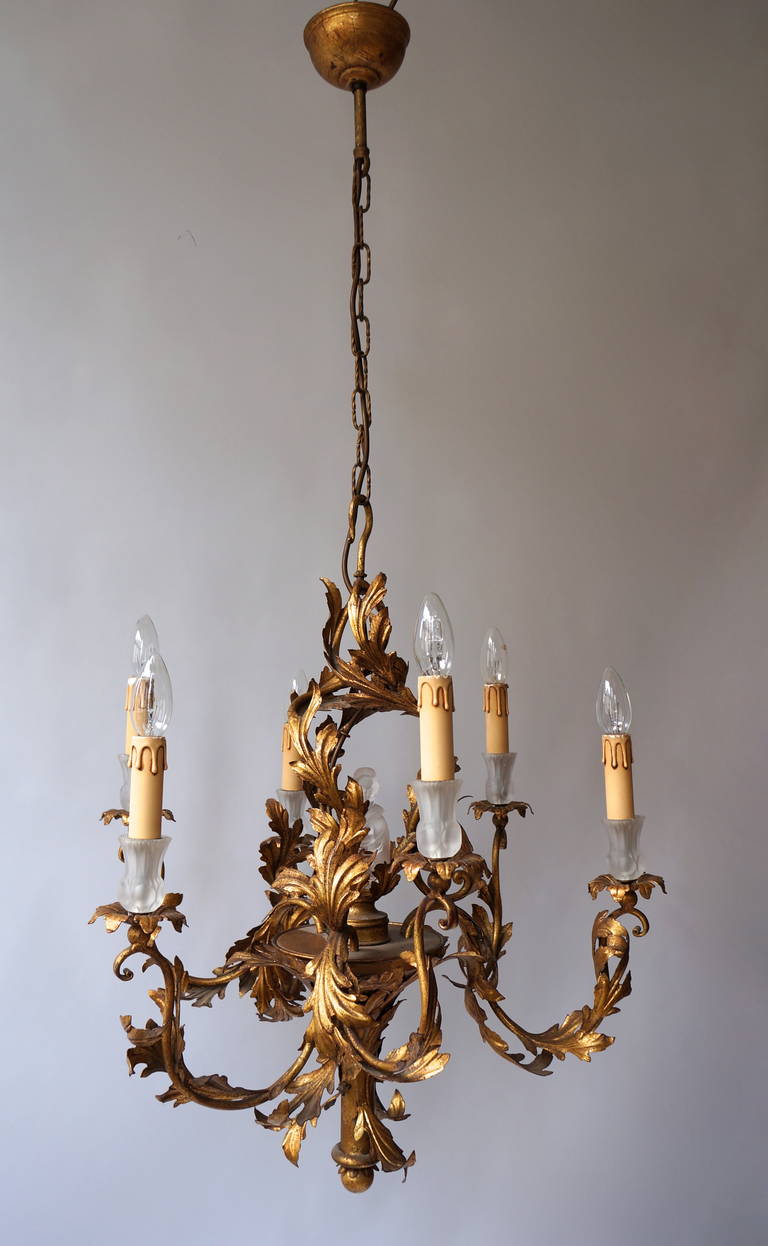French Gilt Wrought Iron Chinoiserie Style Chandelier with Glass Geisha For Sale
