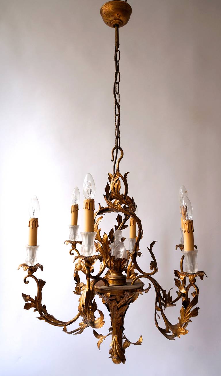 Mid-Century Modern Gilt Wrought Iron Chinoiserie Style Chandelier with Glass Geisha For Sale