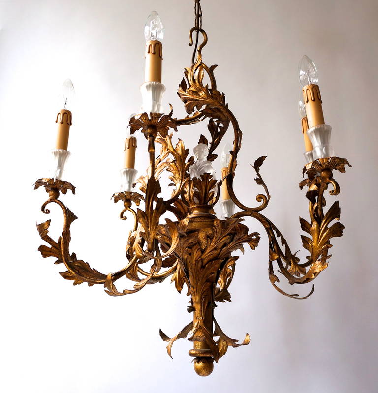 20th Century Gilt Wrought Iron Chinoiserie Style Chandelier with Glass Geisha For Sale