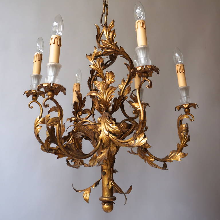 Brass Gilt Wrought Iron Chinoiserie Style Chandelier with Glass Geisha For Sale