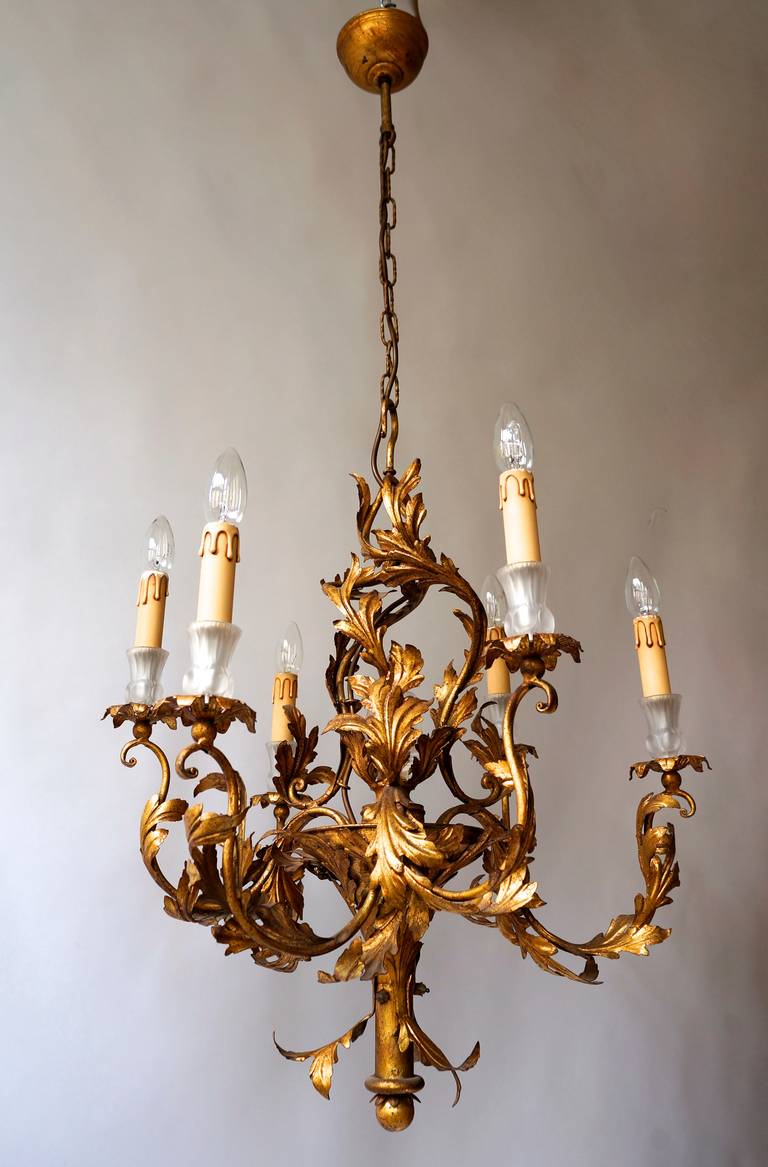 Gilt Wrought Iron Chinoiserie Style Chandelier with Glass Geisha For Sale 1