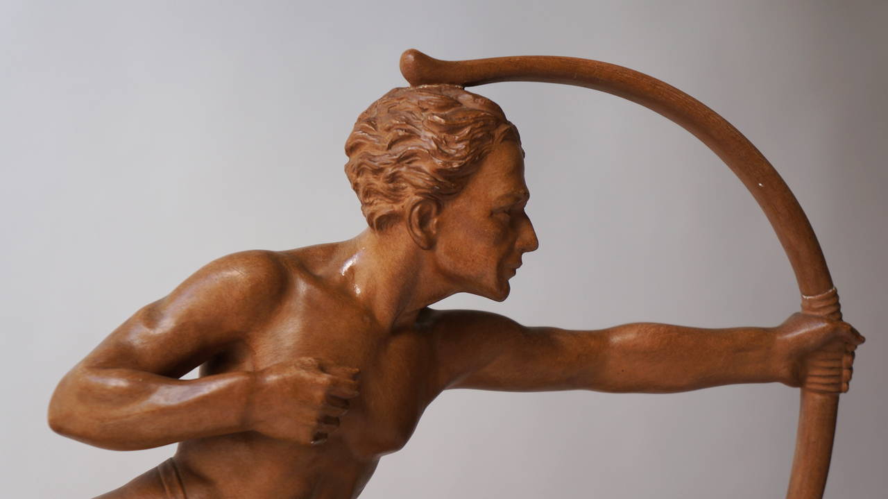 Belgian Unique 1930s Art Deco Nude Male Archer Sculpture by J. Dommisse