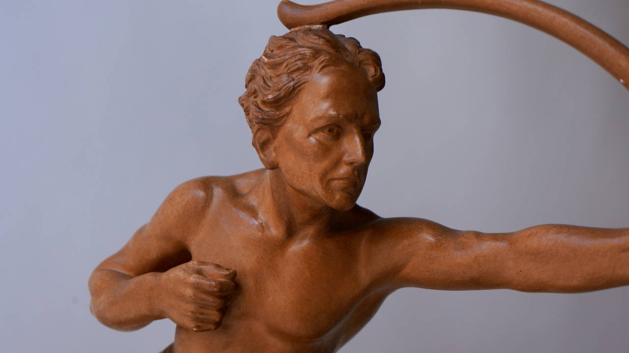 Unique 1930s Art Deco Nude Male Archer Sculpture by J. Dommisse In Excellent Condition In Antwerp, BE