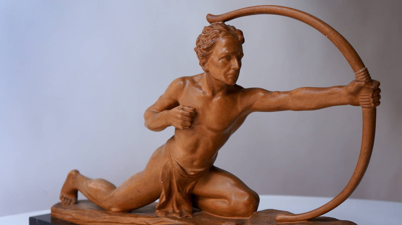 Mid-20th Century Unique 1930s Art Deco Nude Male Archer Sculpture by J. Dommisse