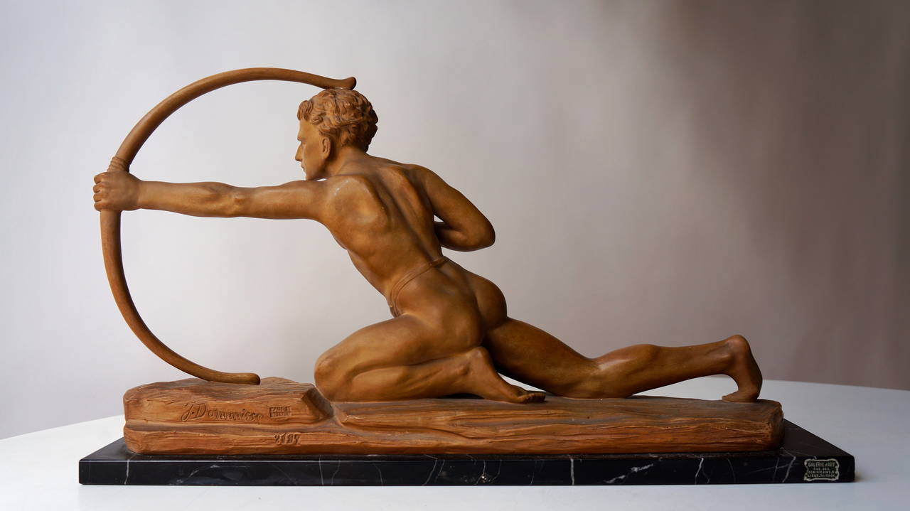 Terracotta Unique 1930s Art Deco Nude Male Archer Sculpture by J. Dommisse