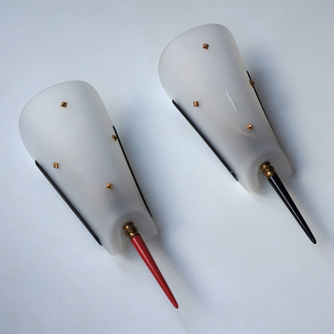 Mid-Century Modern Pair of Celluloid and Brass Sconces