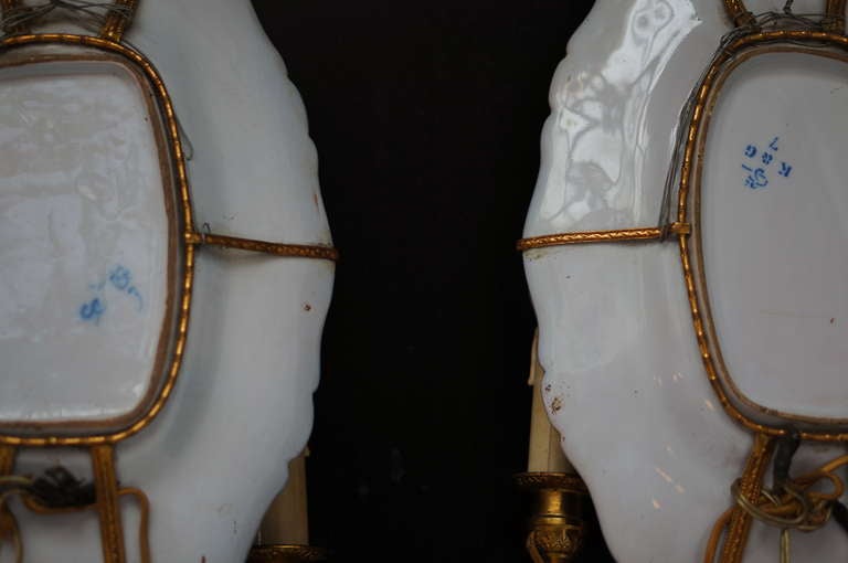 Brass Large Porcelain Double Light Sconces