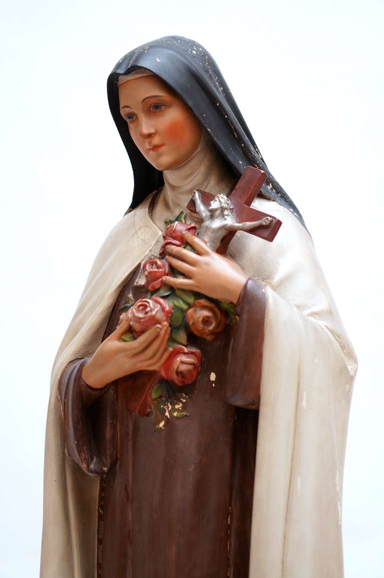 Plaster Large French Antique St Therese of Lisieux Statue , Little flower, Polychrome For Sale