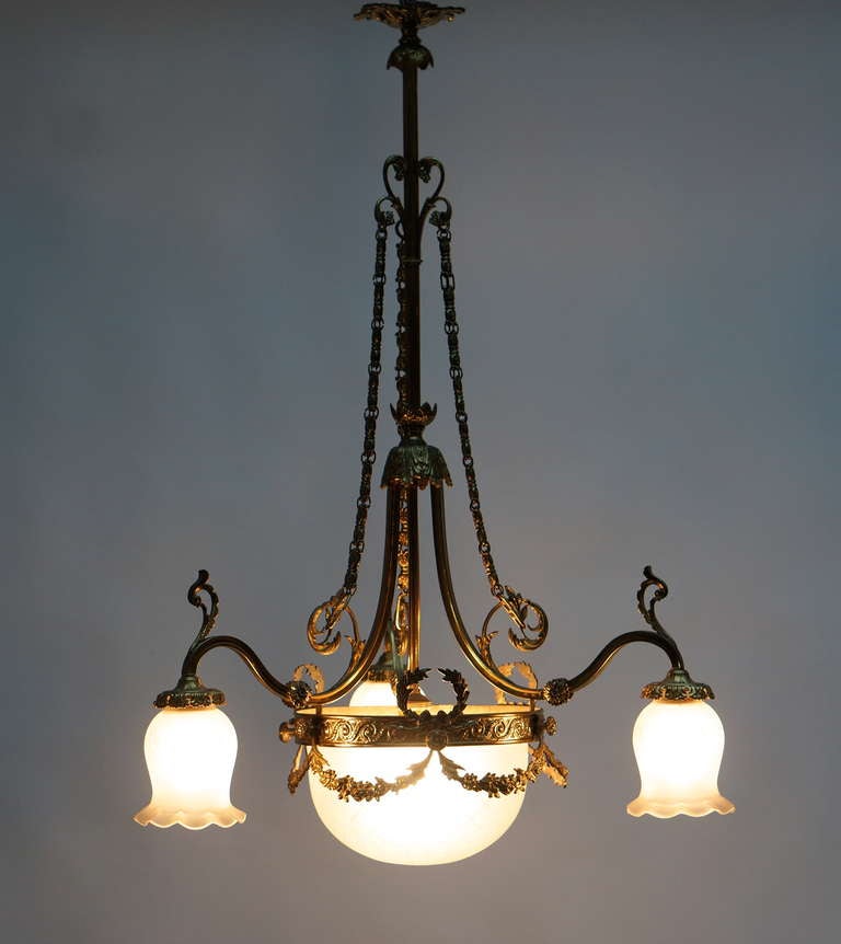 Gilt Italian Art Nouveau Brass and Glass Chandelier For Sale