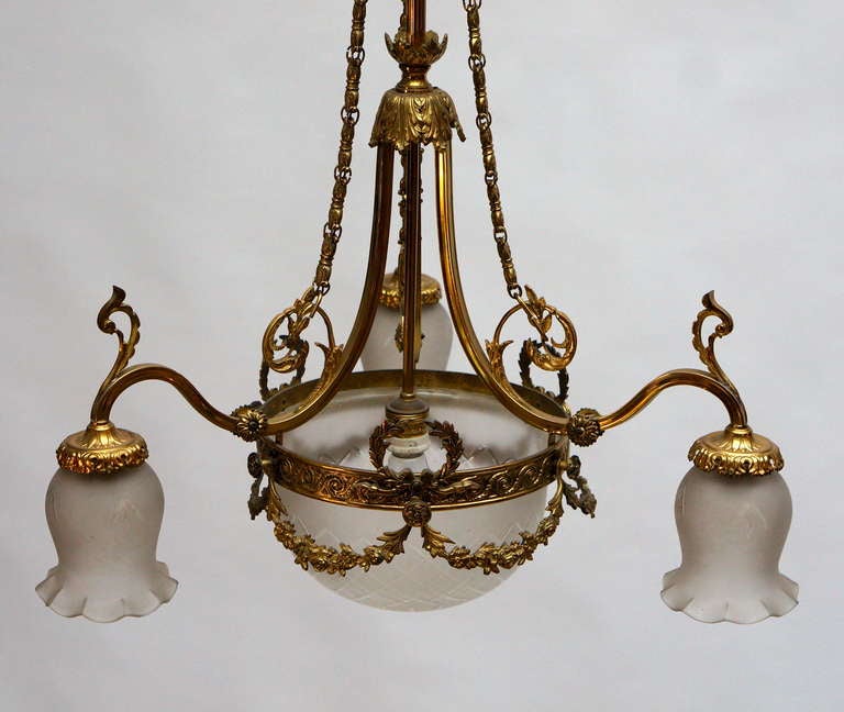 Italian Art Nouveau Brass and Glass Chandelier For Sale 3