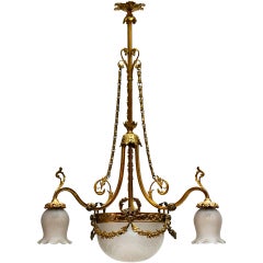 Italian Art Nouveau Brass and Glass Chandelier