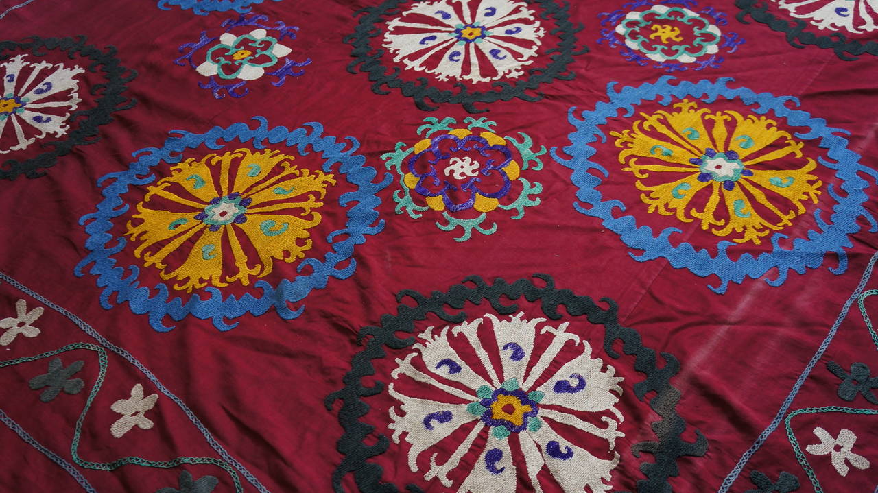 Large Vintage Uzbek Suzani Needlework Textile Blanket or Tapestry For Sale 2