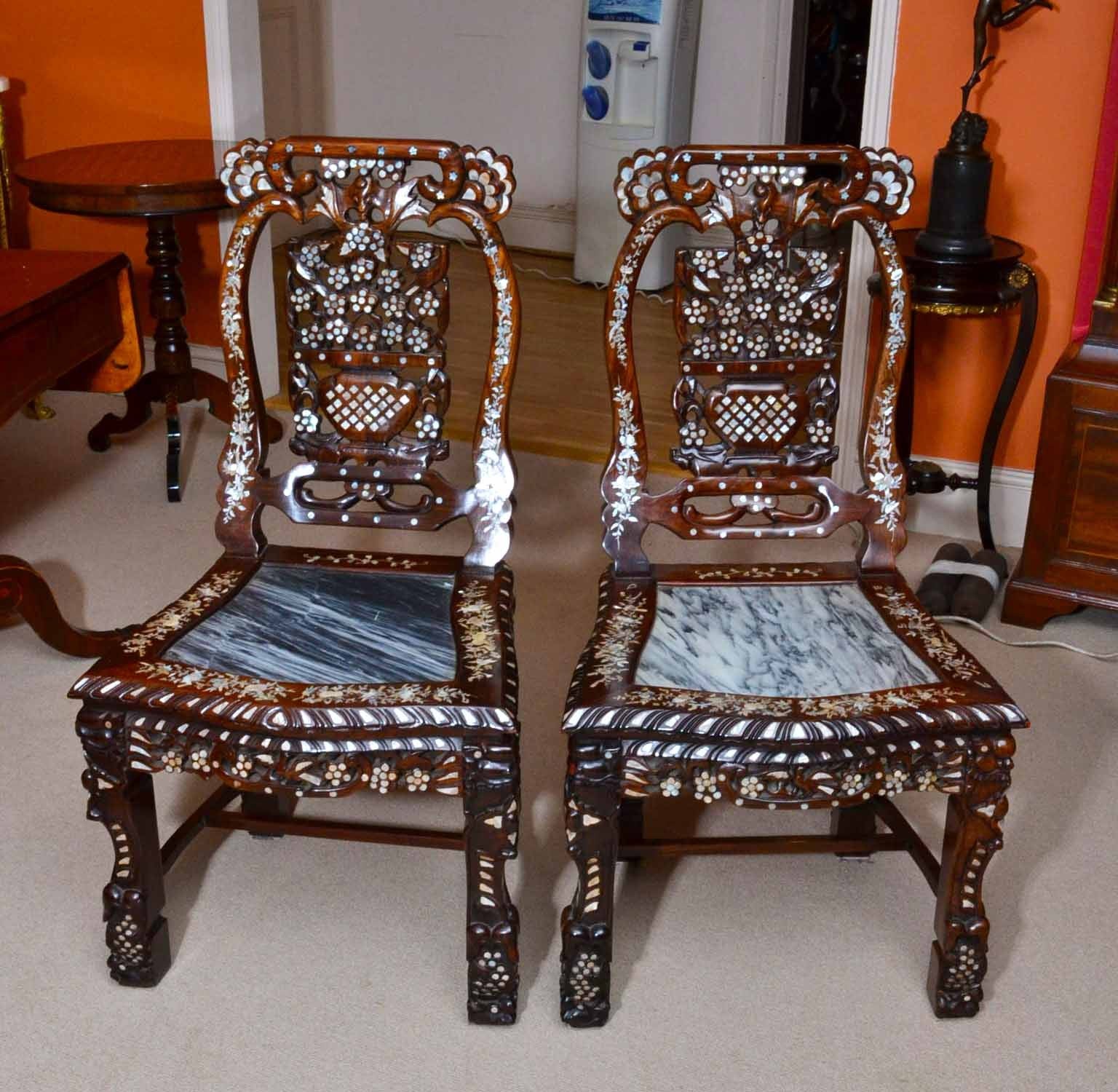 Antique Pair Chinese Side Chairs Inlaid Mother of Pearl 