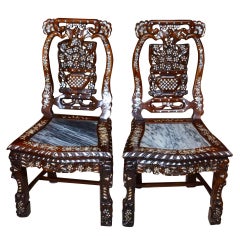 Antique Pair Chinese Side Chairs Inlaid Mother of Pearl