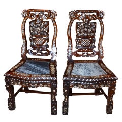 Antique Pair Chinese Side Chairs Inlaid Mother of Pearl 