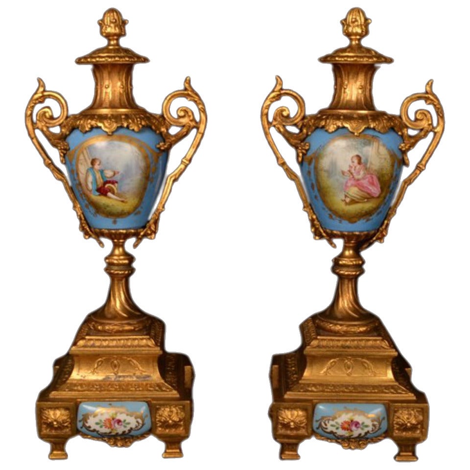 Antique Pair of French Garniture Porcelain Urns c.1880