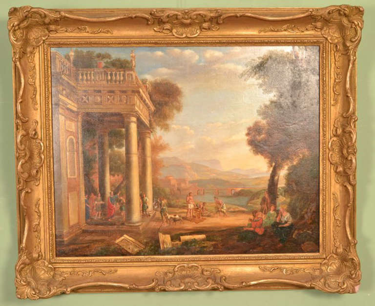 This is a very impressive antique oil painting C 1890 in date, by a follower of Claude Lorrain. The painting depicts a Palladian landscape scene with classical ruins. 

People in this painting are secondary and almost unimportant. Lorrain regarded