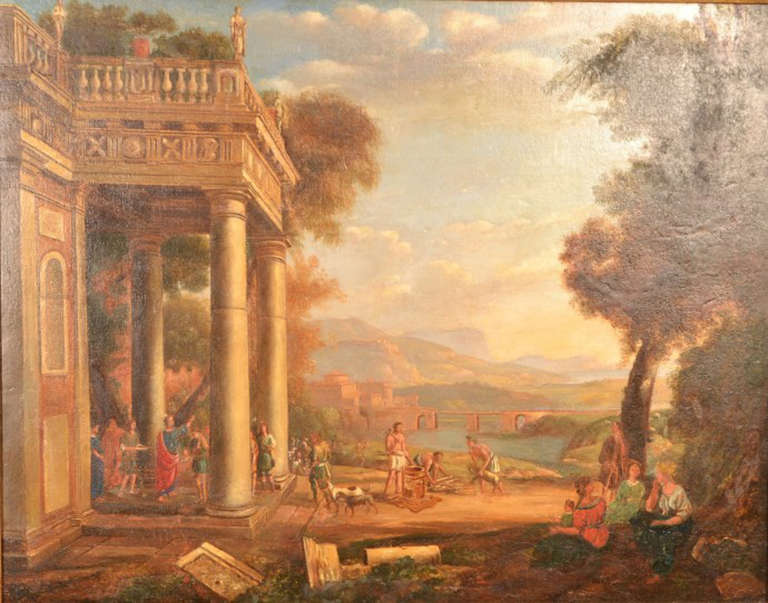 Italian Antique Oil Painting Palladium Ruins 19th Century