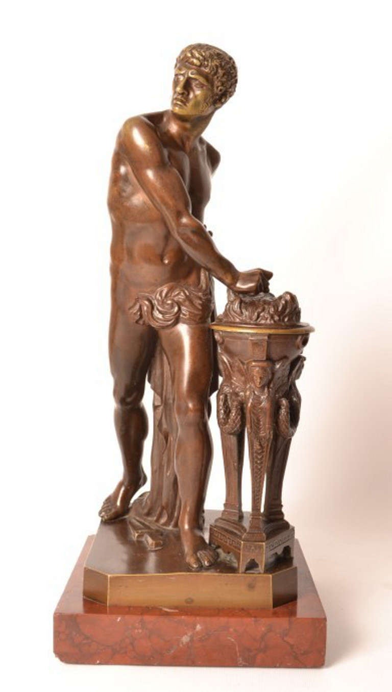 This is a stunning antique bronze sculpture of a mythological Gaius Mucius Scaevola, c.1880 in date. The bronze bears the signature of the renowned French sculptor Louis Pierre Deseine, Musee du Louvre and would have been purchased on the Grand