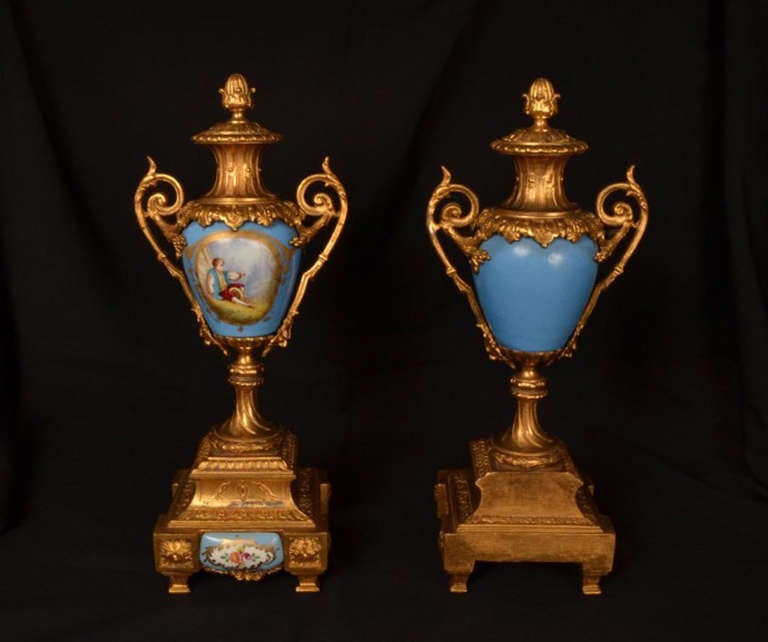 19th Century Antique Pair of French Garniture Porcelain Urns c.1880
