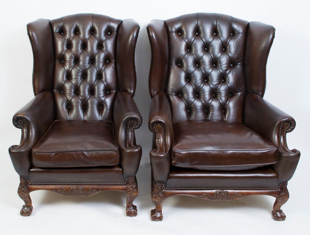 Antique Pair English Leather Wingback Armchairs circa 1900