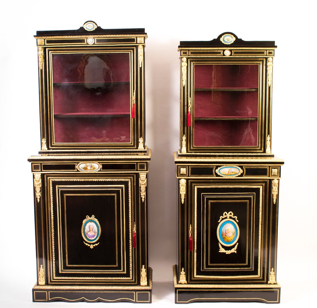 Antique Pair Ebonised Cabinet Sevres Plaques c.1860