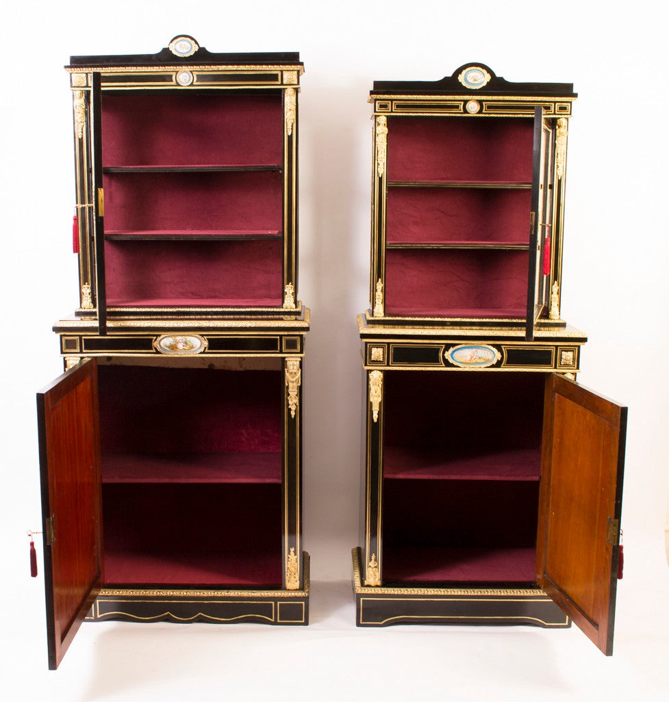 French Antique Pair Ebonised Cabinet Sevres Plaques c.1860