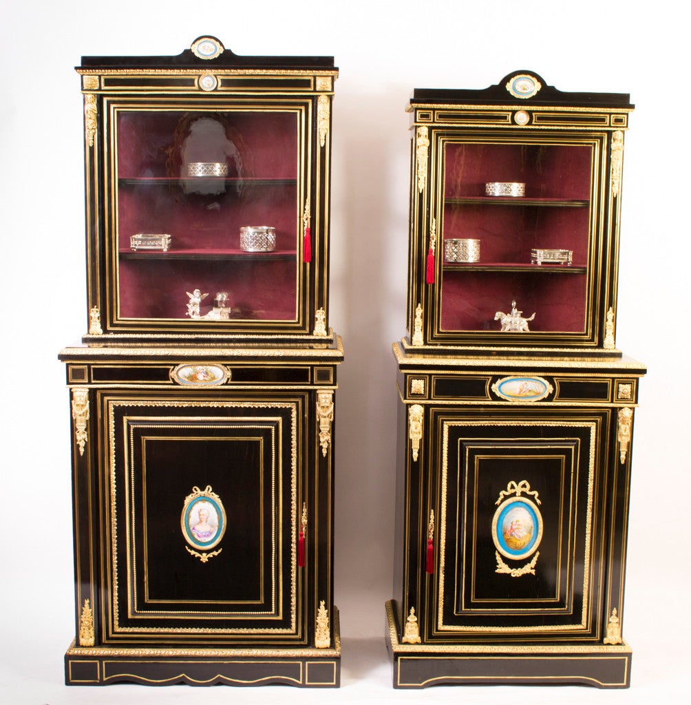Antique Pair Ebonised Cabinet Sevres Plaques c.1860 In Excellent Condition In London, GB