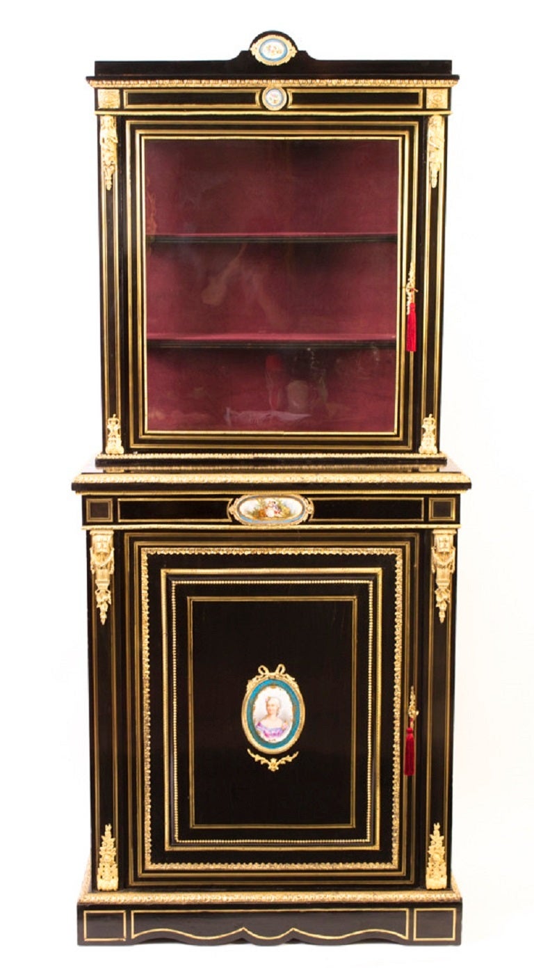19th Century Antique Pair Ebonised Cabinet Sevres Plaques c.1860