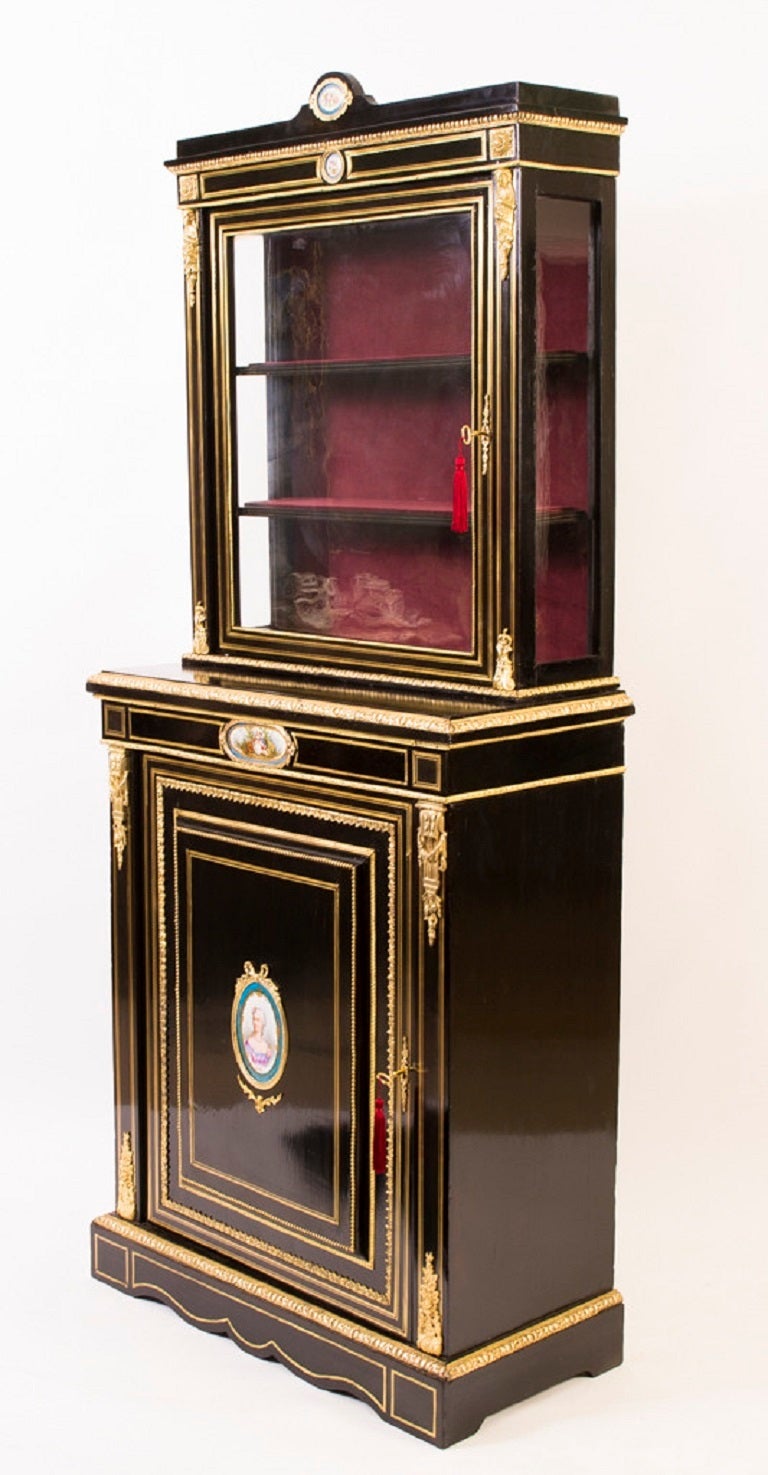 Antique Pair Ebonised Cabinet Sevres Plaques c.1860 1