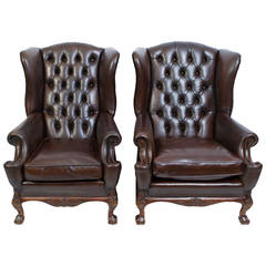 Antique Pair English Leather Wingback Armchairs circa 1900