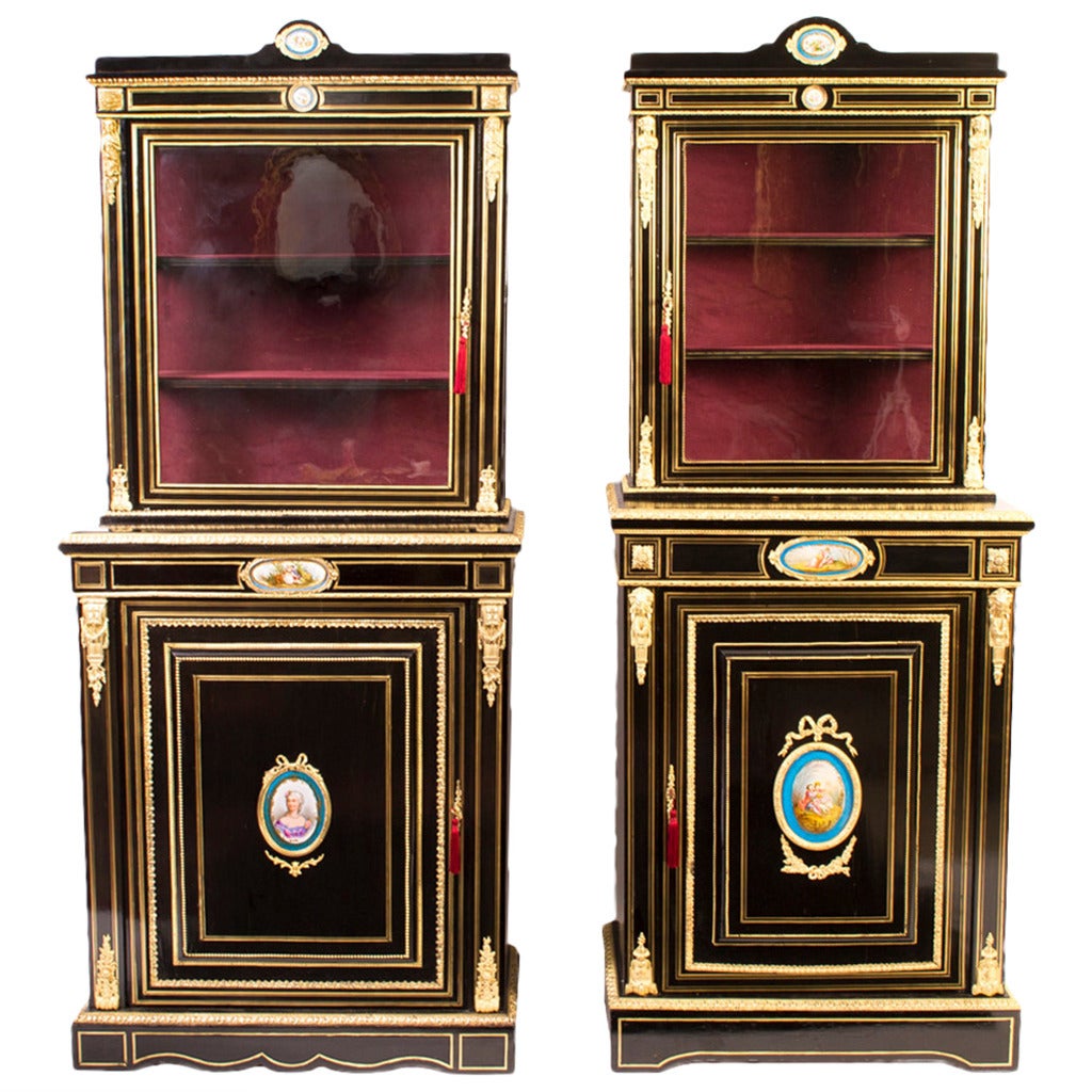 Antique Pair Ebonised Cabinet Sevres Plaques c.1860