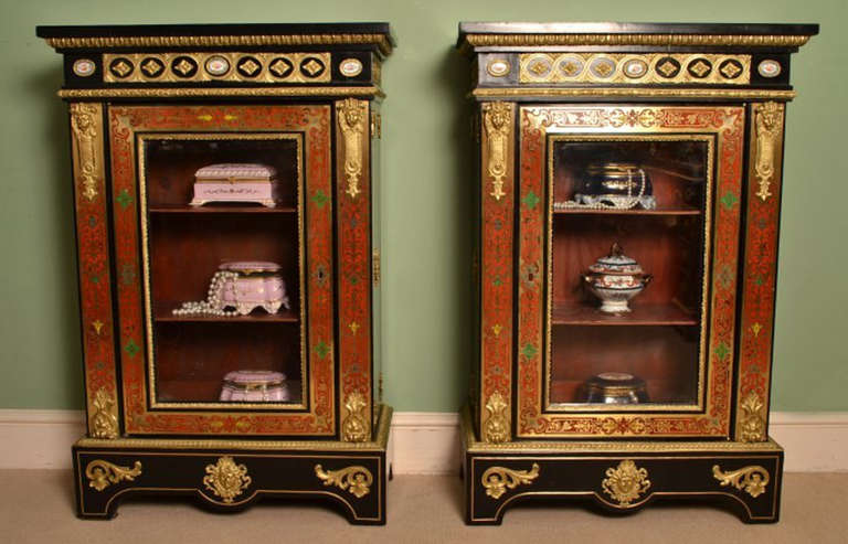French Antique Pair Victorian Ebonised Boulle Pier Cabinets