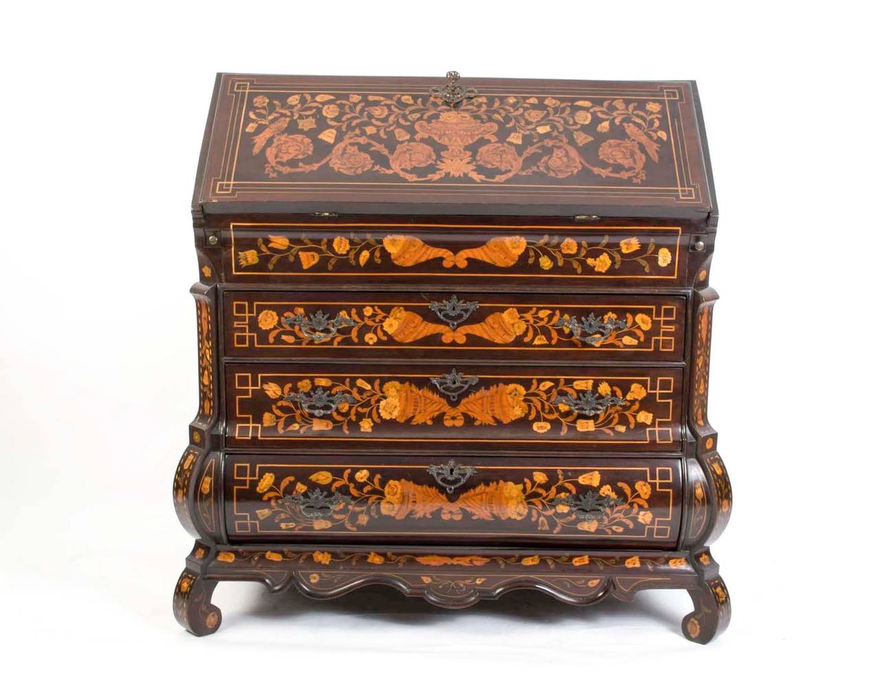 This is a stunning, antique Dutch mahogany and marquetry bureau, circa 1780. 

It has been accomplished in mahogany with exquisite hand cut floral marquetry typical of the best pieces of period Dutch furniture. 

The fall opens to reveal a