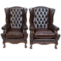 Antique Pair English Leather Wingback Armchairs c.1900