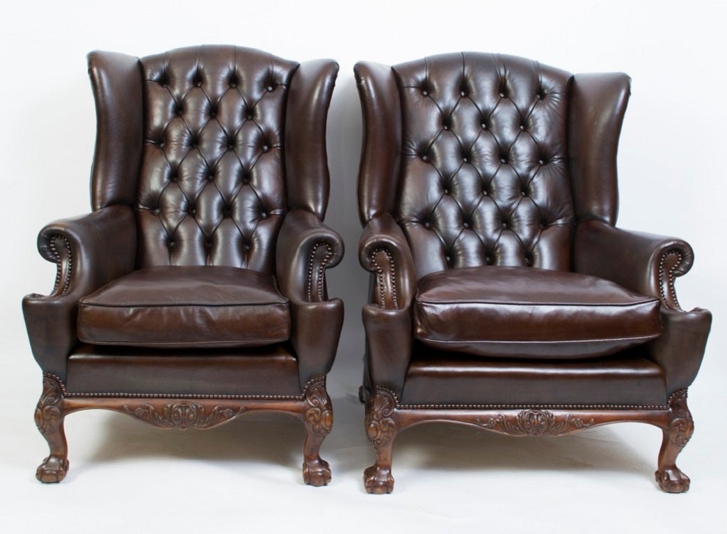 Antique Pair English Leather Wingback Armchairs c.1900 In Excellent Condition In London, GB