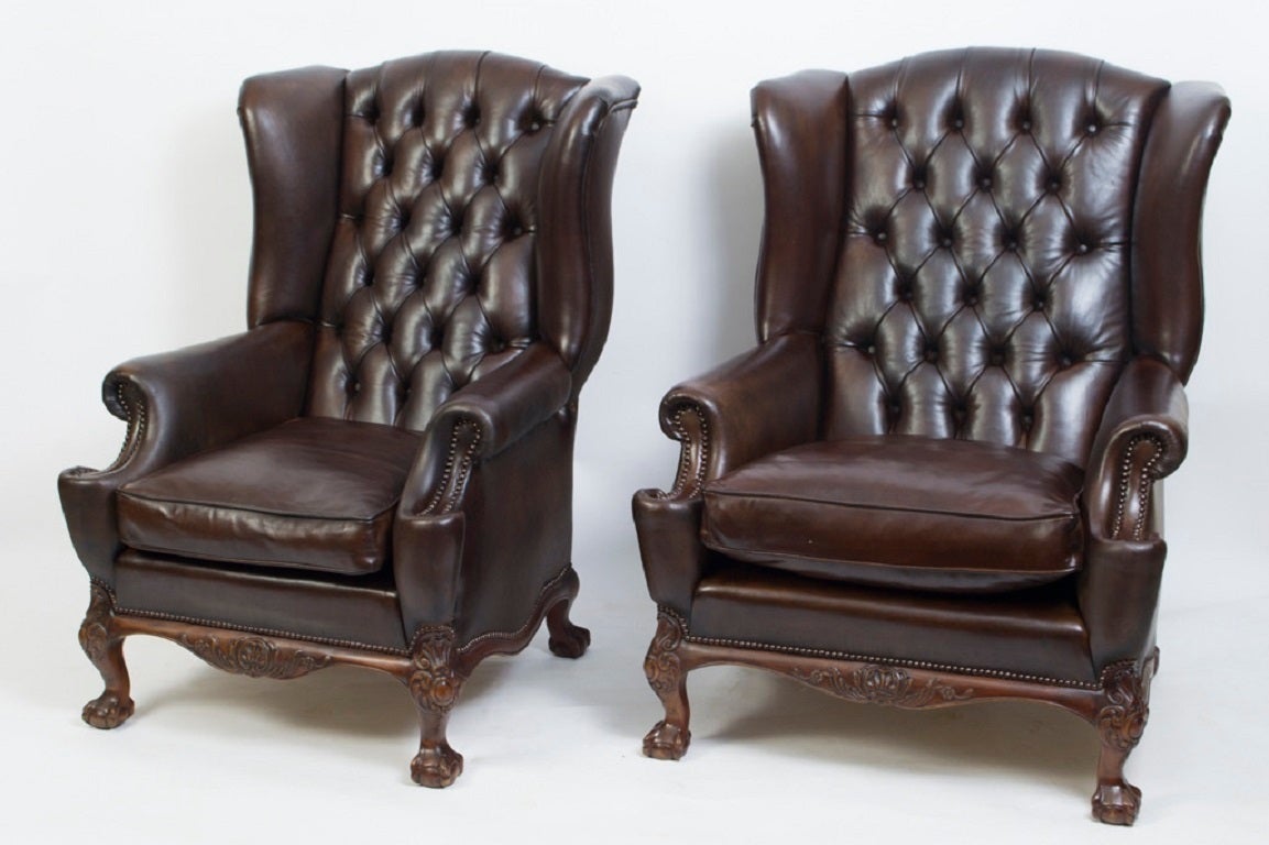 20th Century Antique Pair English Leather Wingback Armchairs c.1900