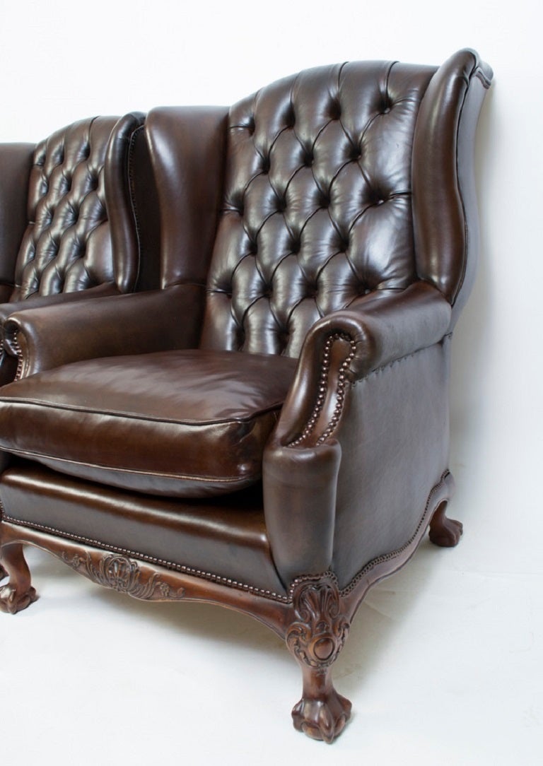 Antique Pair English Leather Wingback Armchairs c.1900 1