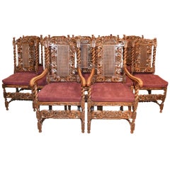Antique Set of 12 Charles II Style Oak Chairs c.1860