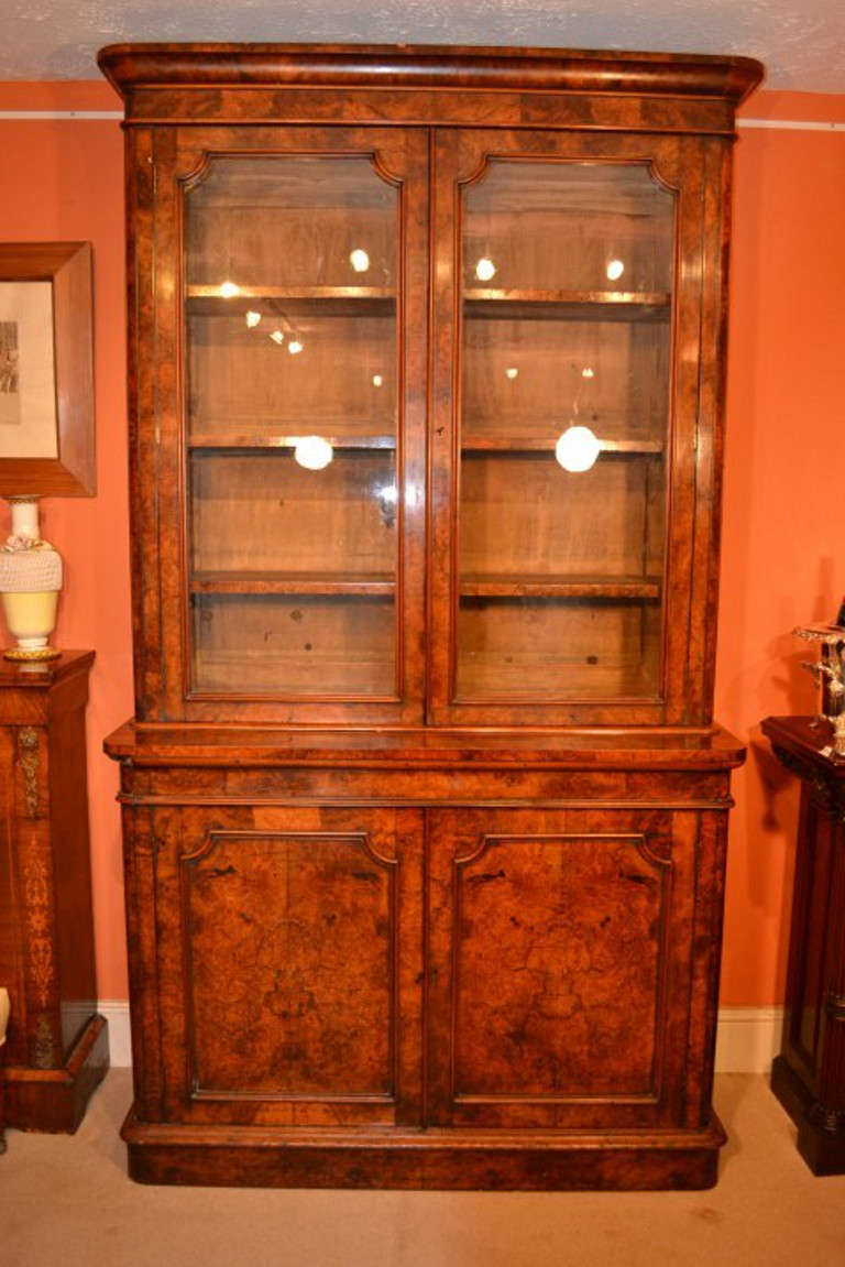 This is a beautiful antique bookcase, made around 1850 in England. It is rare as it has been crafted from the most beautiful burr walnut, and only a few bookcases were made in such beautiful French burr walnut.

It has two glazed doors on top for