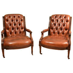 Antique Pair French Walnut Leather Armchairs circa 1880