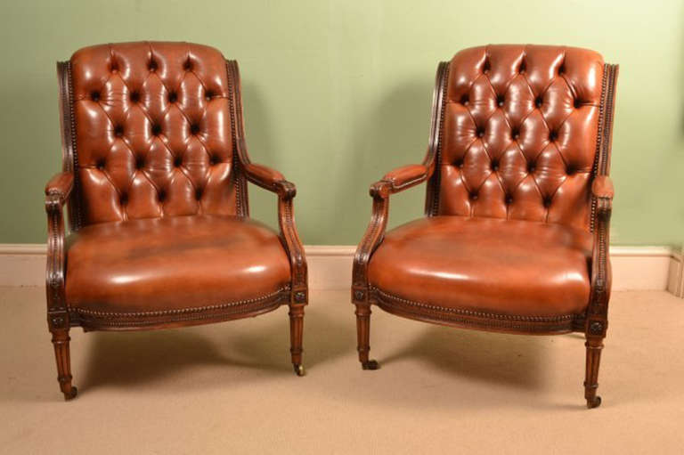 Antique Pair French Walnut Leather Armchairs circa 1880