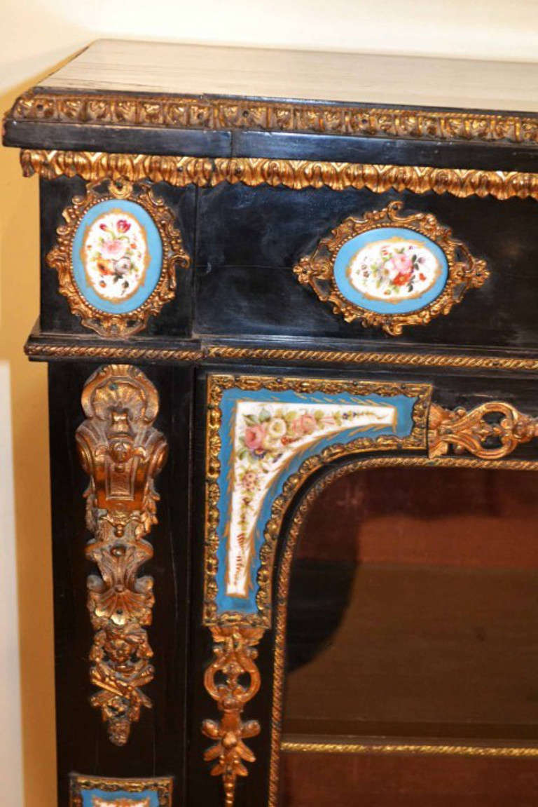 19th Century Antique Ebonised Pier Cabinet Sevres Plaques c.1850