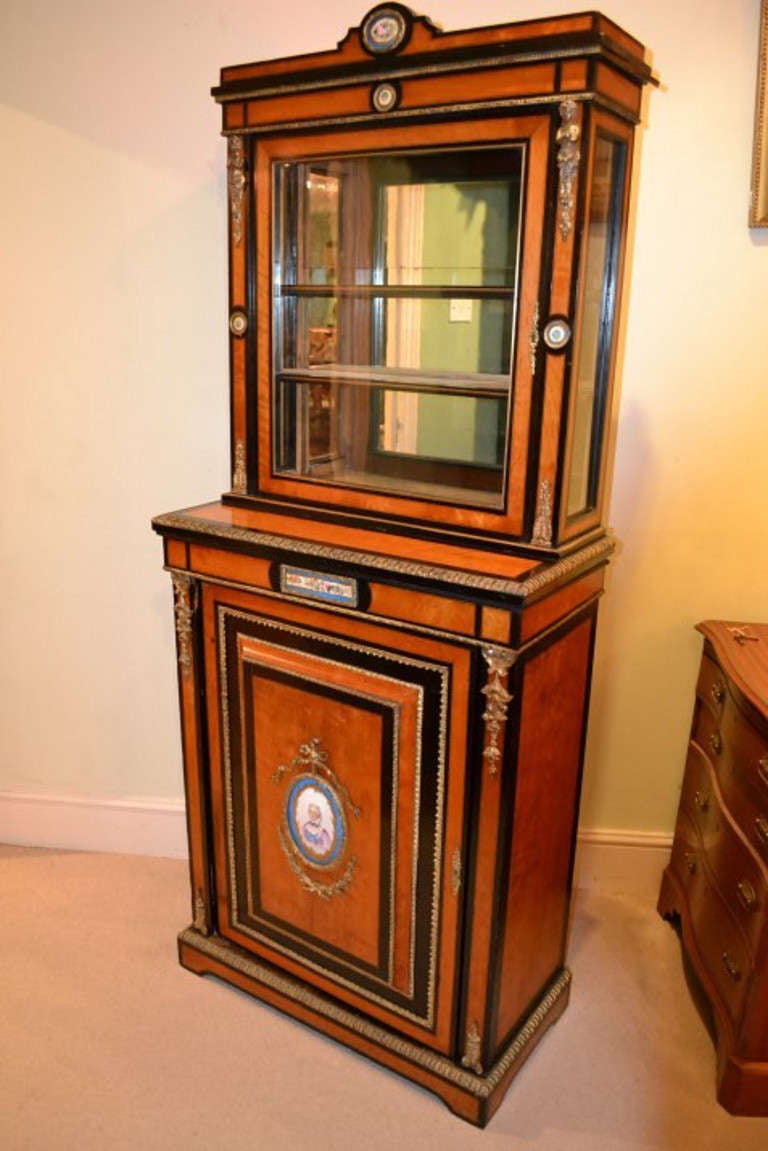 English Antique Satinwood Display Cabinet Sevres Plaques c.1860