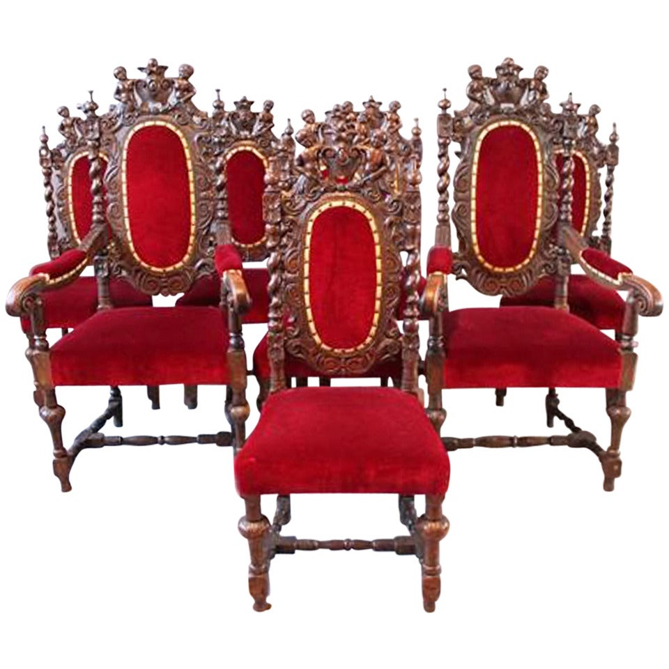 Antique Set of Eight Victorian Carolean Oak Chairs, Circa 1860