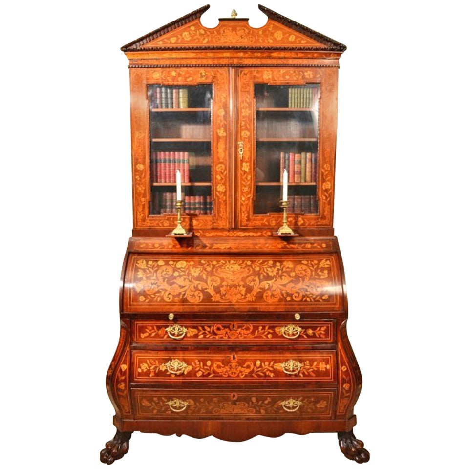 Antique Mahogany Dutch Marquetry Bureau Bookcase circa 1800