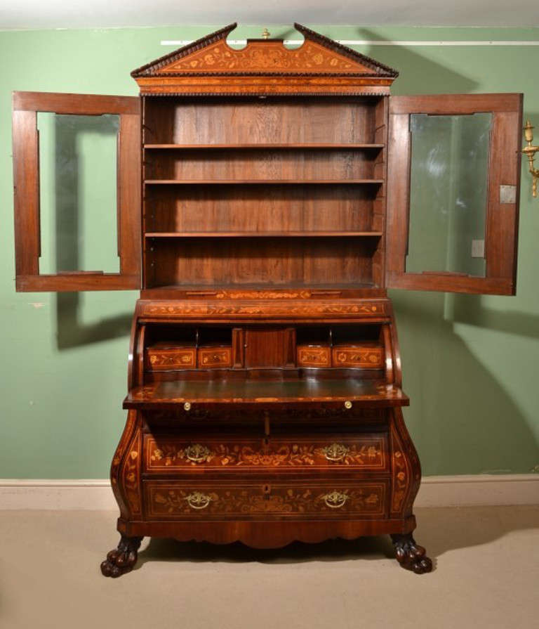 19th Century Antique Mahogany Dutch Marquetry Bureau Bookcase circa 1800