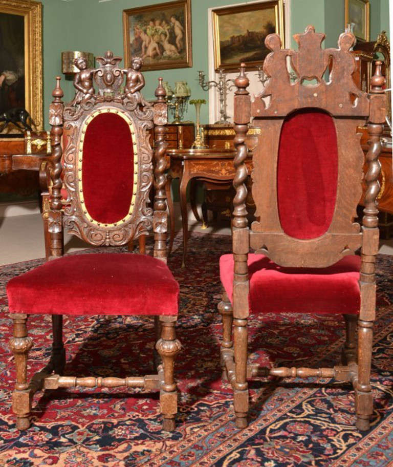 English Antique Set of Eight Victorian Carolean Oak Chairs, Circa 1860