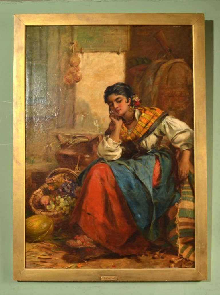 This is a beautiful antique oil on canvas 'Fruit & Water Seller of Alicante by Thomas Kent Pelham, and with signed recto titled on the verso c.

It is the study of a young Spanish maiden with a basket full of fruit, sitting in the street. The